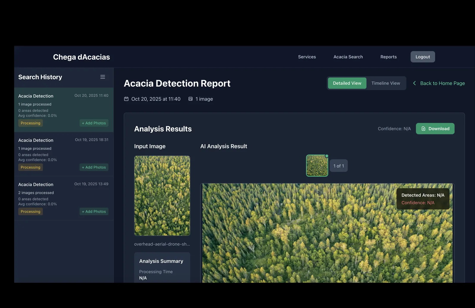 The Chega d’Acácias web app showing a detection report for an uploaded aerial image